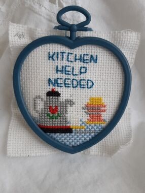 Handmade 'Kitchen Help Needed' Blue Heart Hoop Cross-Stitch